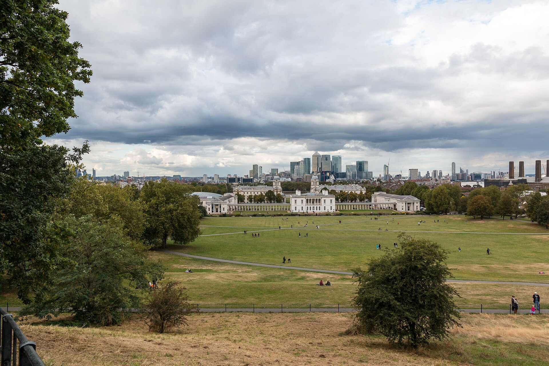 View from Greenwich Park towards the Queen’s House, Old Royal Naval College and Canary Wharf